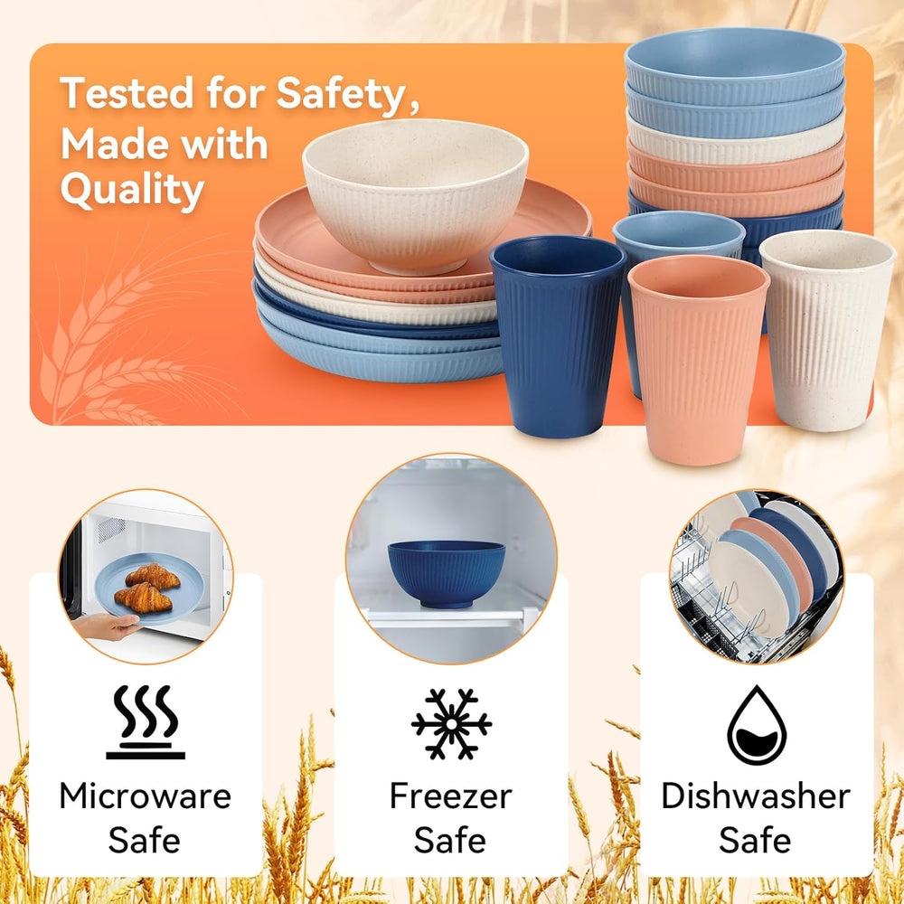 Wheat Straw Dinnerware Sets,64-Piece Black Plates and Bowls Sets for 8-Unbrea...