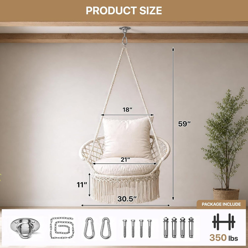 Athena Collection Macrame Hammock Chair with Mounting Hardware Kit, Beige