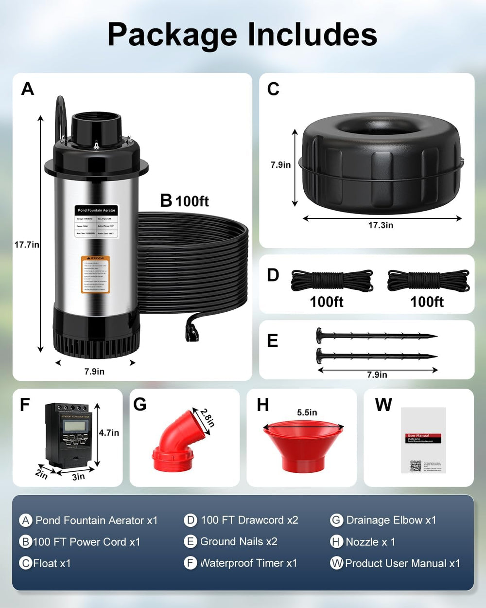 SYY Pond Fountain Aerator, 1HP 15000 GPH 110V Stainless Steel Floating Founta...