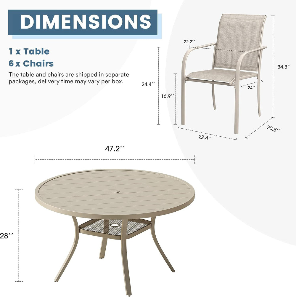 DIFY 7 Pieces Outdoor Patio Dining Set for 6, 47.2" Sandshell Round Dini...