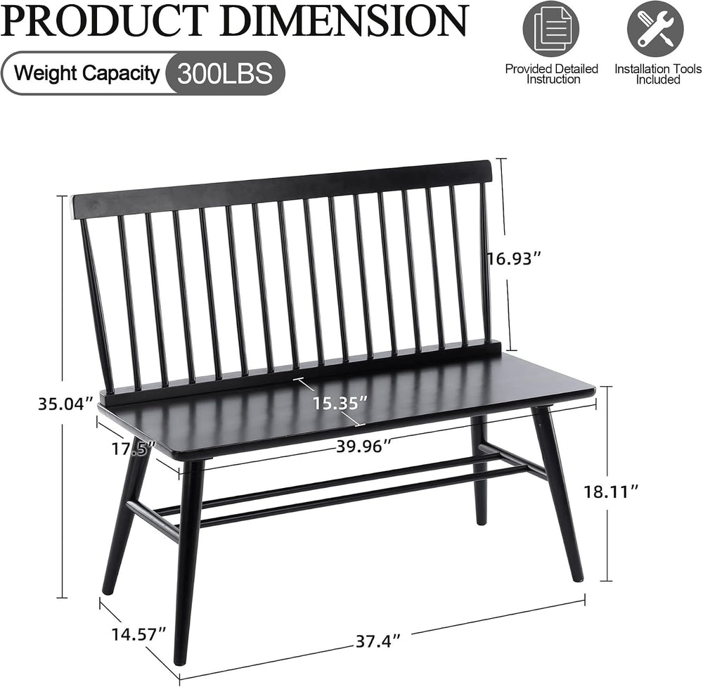 DUHOME Entryway Bench, Black Dining Bench with Spindle Back