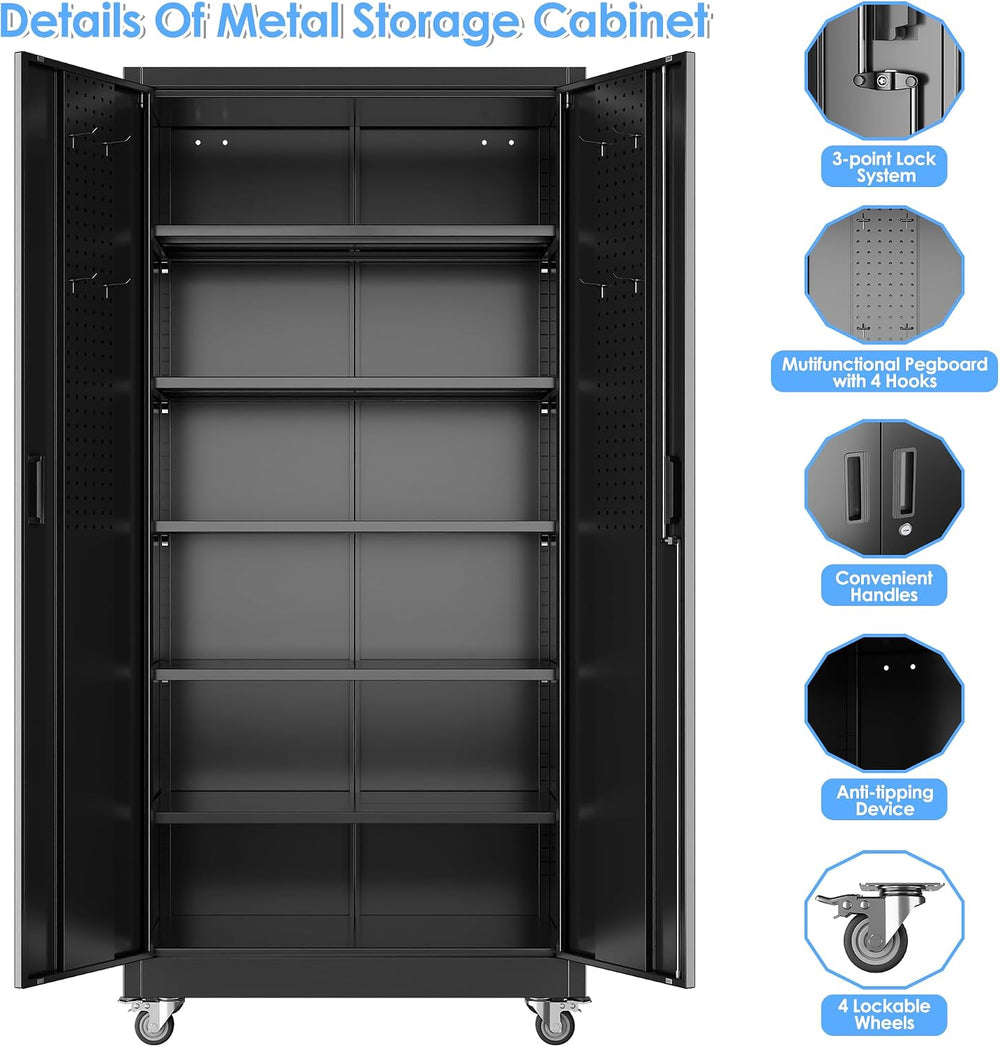 Reemoon Metal Storage Cabinet 71" H x 34" W x 18" D with Wheel...