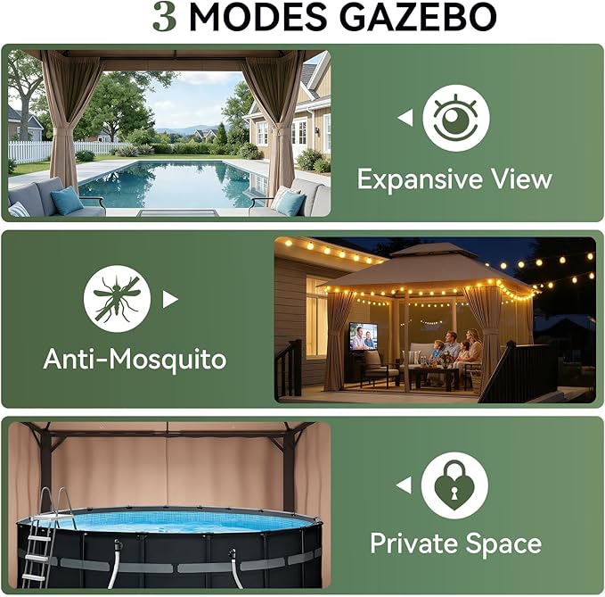 Aoxun 10x10 Outdoor Gazebo with 50FT LED Hanging Lights Metal Frame Canopy wi...
