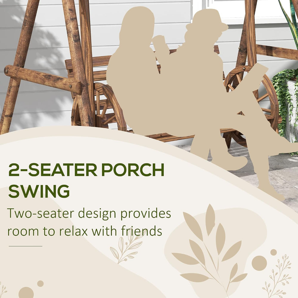 Outsunny 2-Seat Porch Swing A-Frame Stand Wooden Log Patio Carbonized Brown