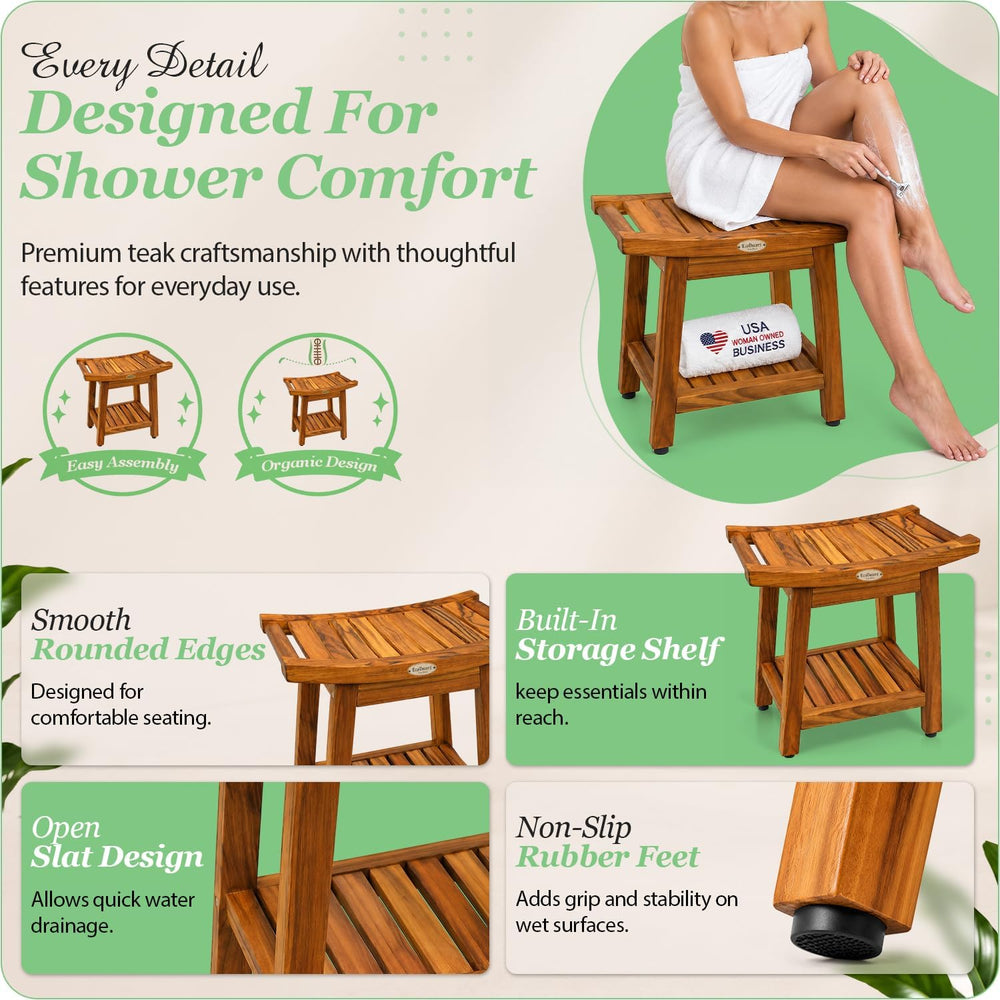 EcoDecors 18" Teak Shower Bench with Shelf & Handle Solid Teak Showe...
