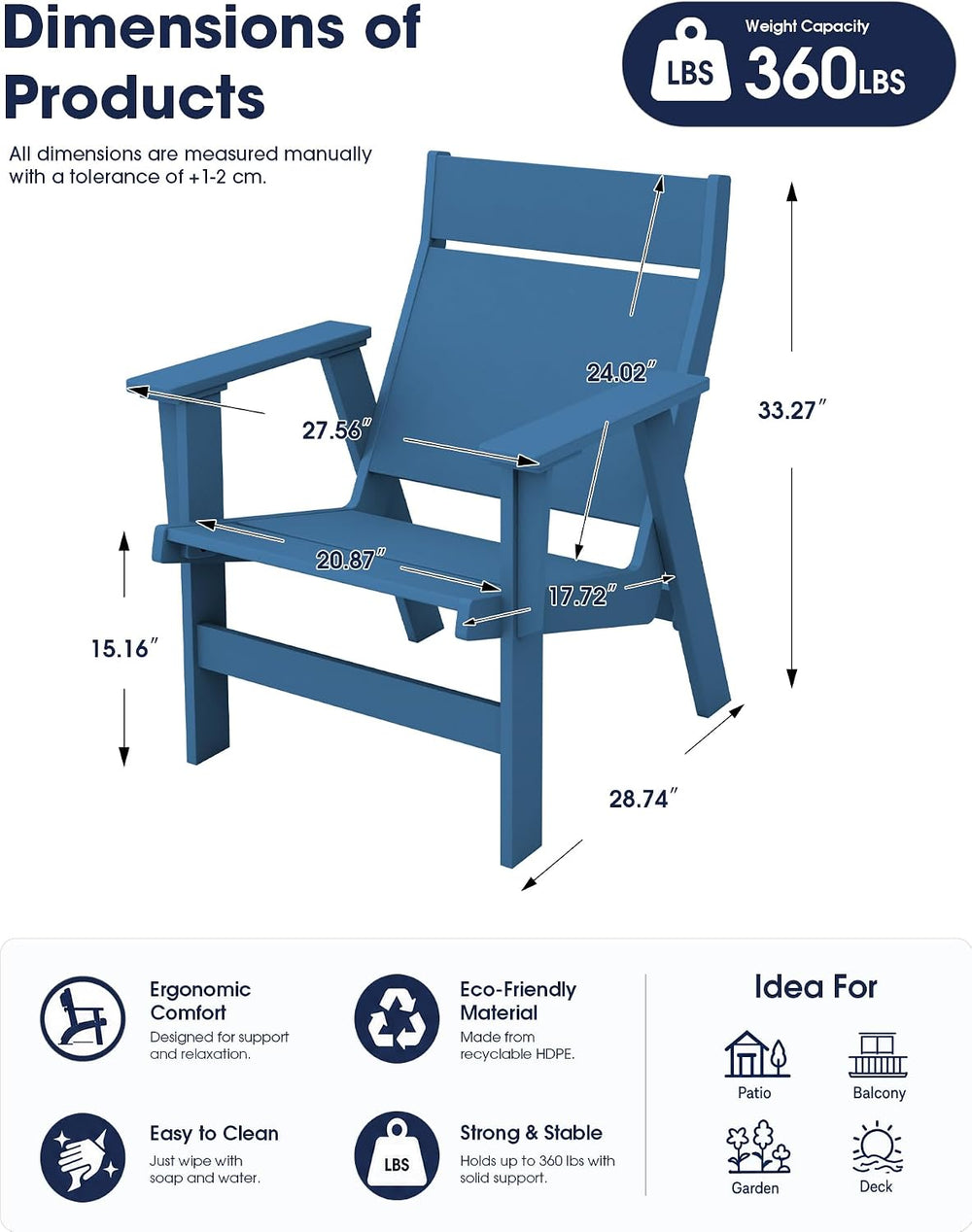 KINGYES Modern Adirondack Chair Set of 2, Slateless Design, Navy