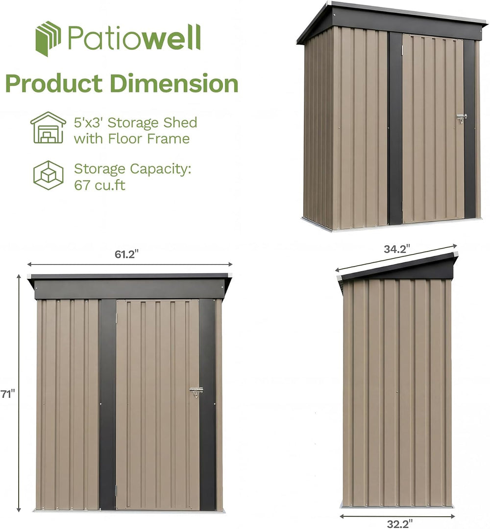 Patiowell 5x3 FT Outdoor Storage Shed with Floor Frame, Small Metal Sheds
