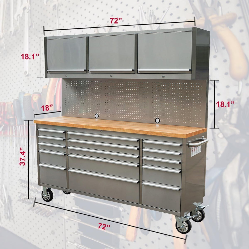 72 inch 15 Drawers Tool Chest with 3 Up Cabinet & Pegboard in Stainless S...