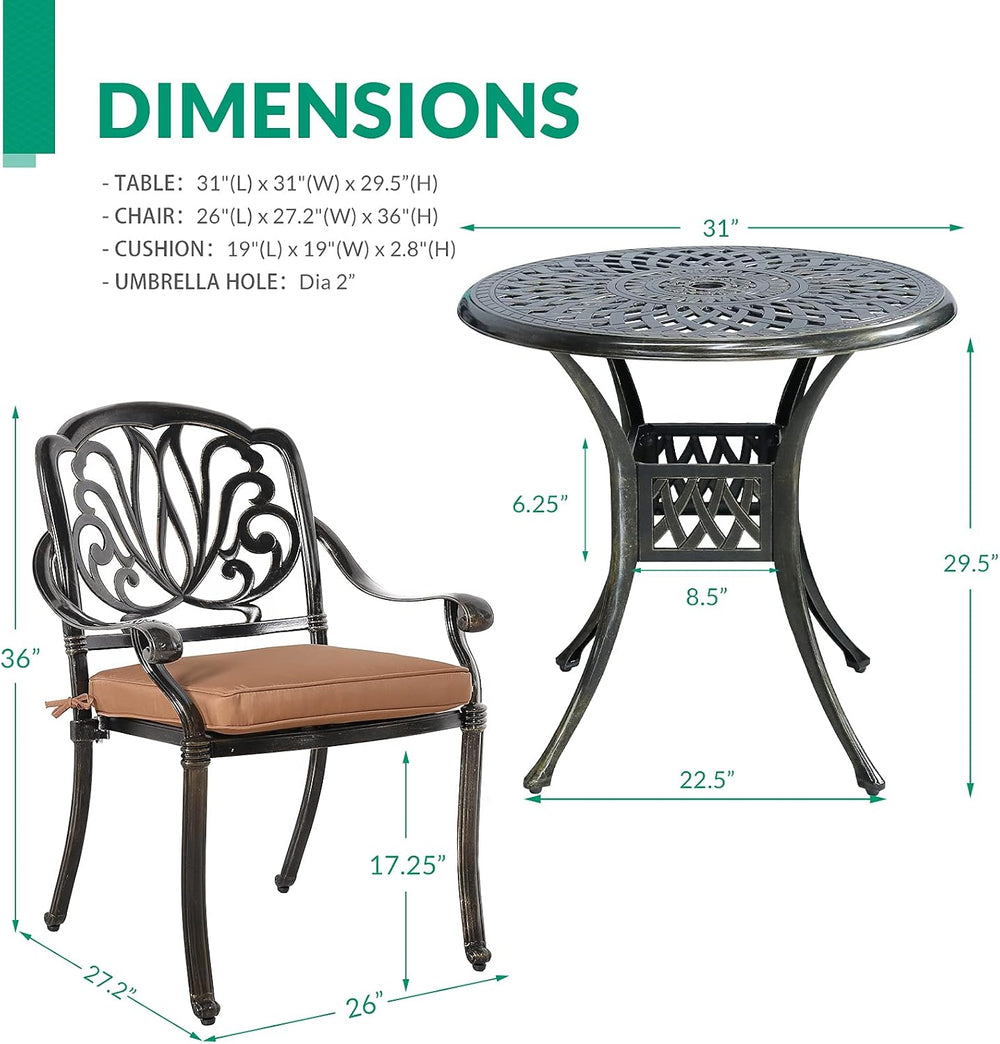 3-Piece Patio Furniture Dining Set, All-Weather Cast Aluminum Outdoor Bistro ...