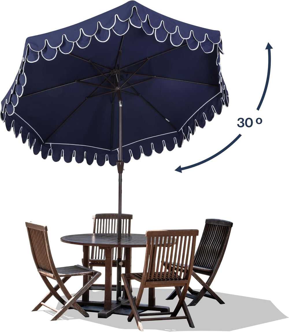 JONATHAN Y Tracy 9' Scalloped Market Patio Umbrella, Navy/Dark Brown