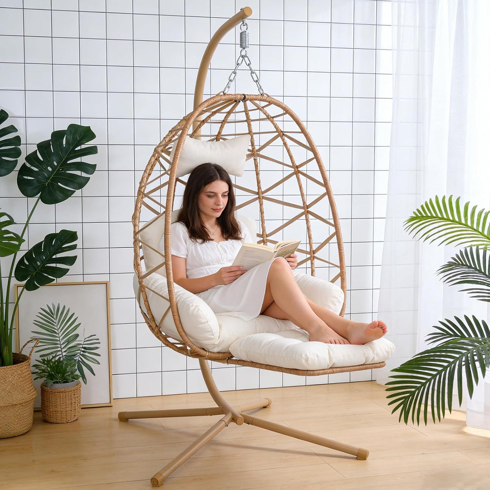 Hanging Egg Chair with Footrest & Stand, Wicker Rattan Swing Hammock Chai...