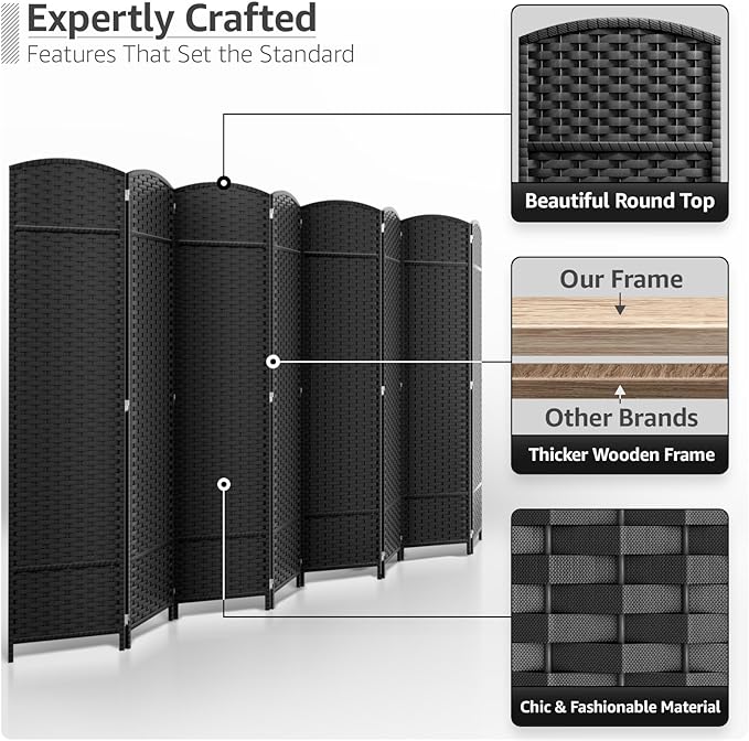 Sorbus 8-Panel Black Room Divider with Double Hinged Panels, 6 ft Tall Foldin...