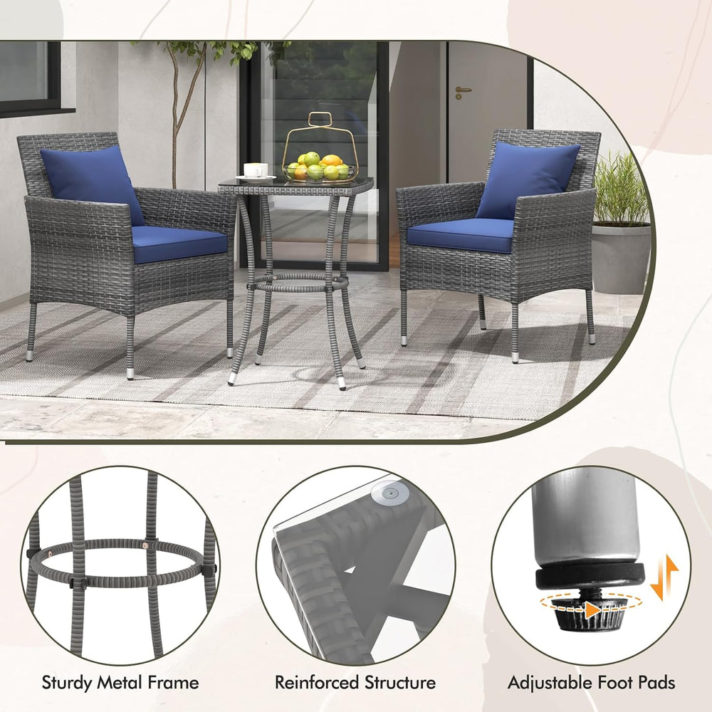 Tangkula 3-Piece Patio Furniture Set, PE Wicker Conversation Bistro Set w/A T...