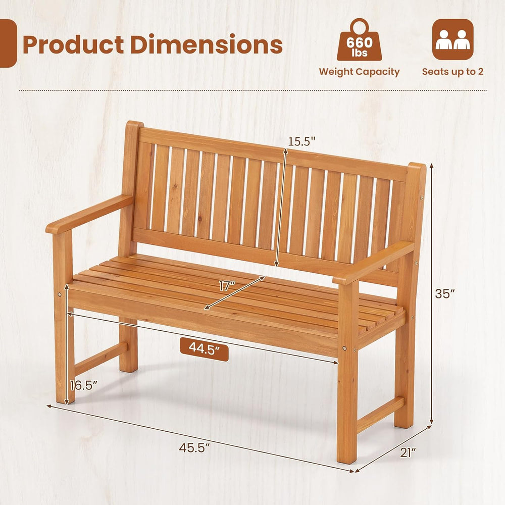 Tangkula 2-Seater Outdoor Wooden Bench, Garden Loveseat Bench, Natural