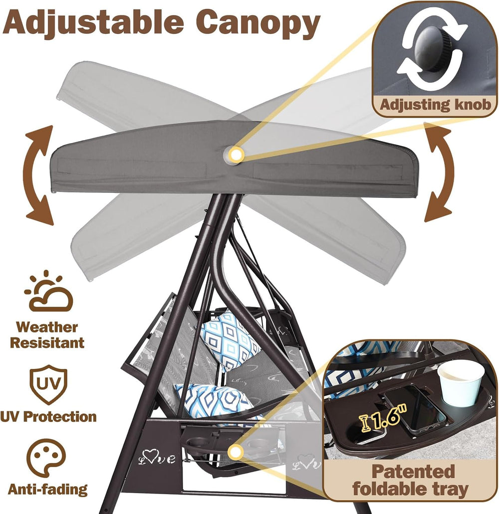 3 Person Patio Swing Outdoor Swing for Adults with Adjustable Canopy &Upg...