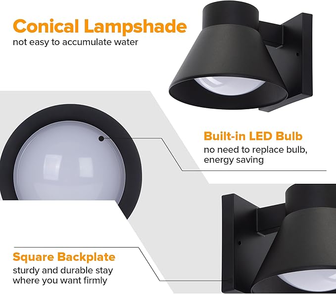 UME 2 Pack LED Outdoor Wall Light Fixtures, Black Front Porch Lights Wall Mou...