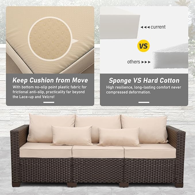 Outdoor Furniture Couch 3 Seater Sofa Outdoor Brown Wicker Sofa Deep Seat Hig...