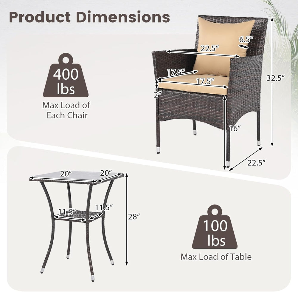 HAPPYGRILL 3 Pieces Rattan Conversation Set Outdoor Bistro Set with Cushion, ...