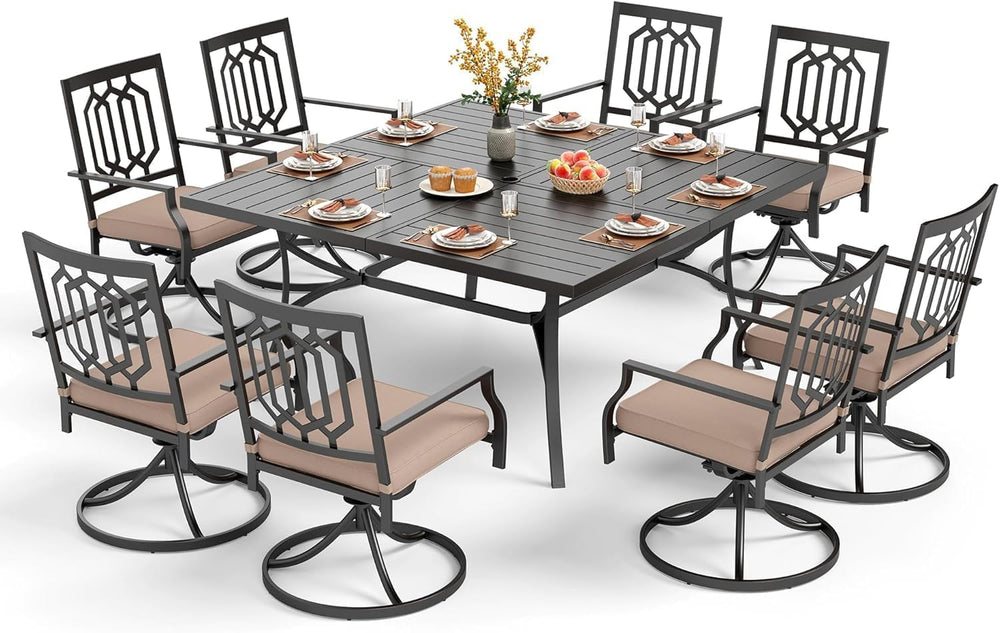 PHI VILLA 9 Pcs Outdoor Dining Set, 57.5" Metal Table&Swivel Chairs