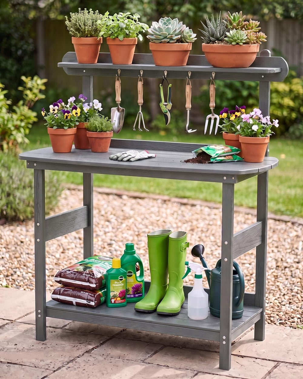 HIPS Outdoor Potting Table Bench with 3-Tier Storage Gray