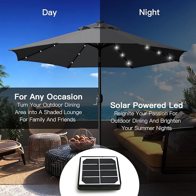 Sunnyglade 9' Solar LED Lighted Umbrella with 8 Ribs Adjustment and Crank...