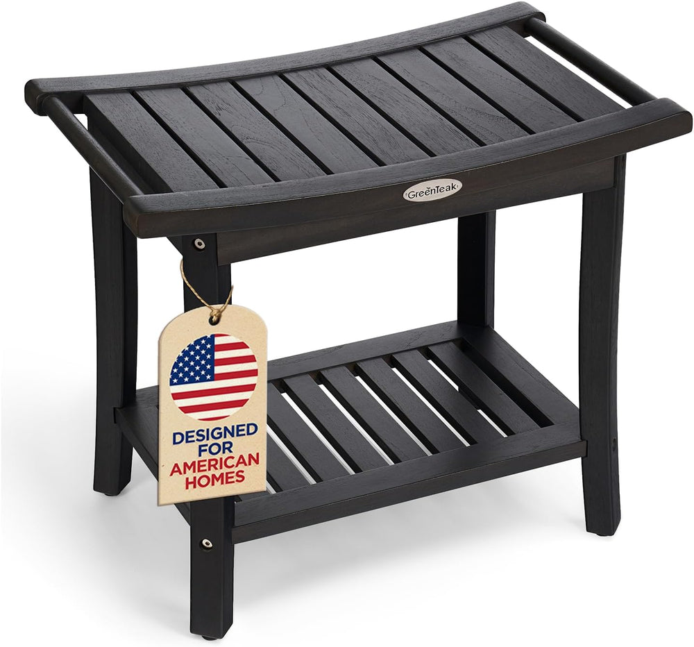 22" Width Premium Teak Shower Bench with Shelf & Handles,Charcoal