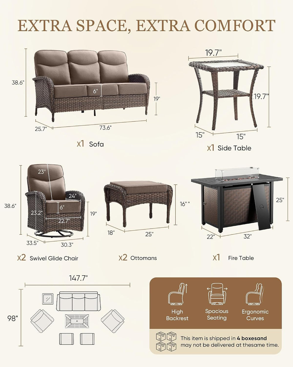 Belord Upgraded 6“ Cushion Luxury Patio Furniture Set with Fire Pit Table - 7...
