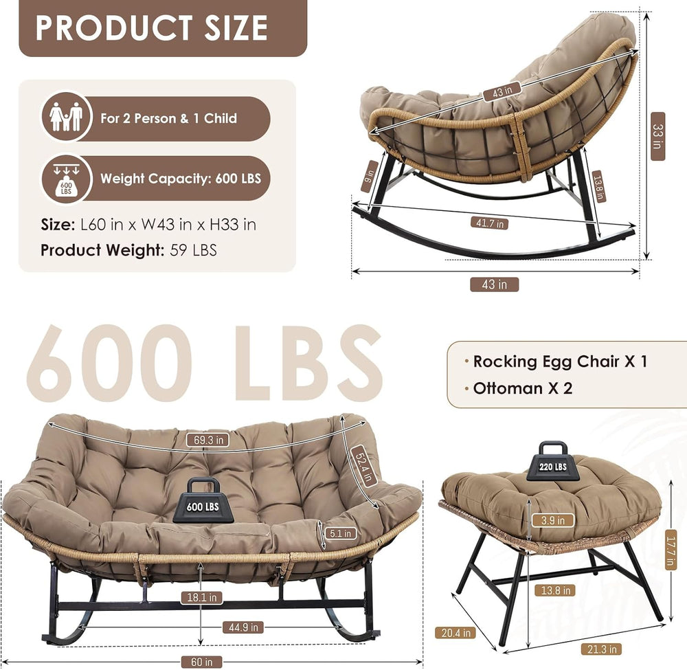 RADIATA Double Papasan Rocking Chair with Ottomans, Oversized Egg Chairs
