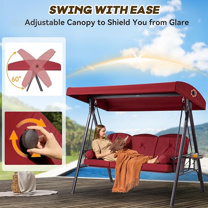3 in 1 Outdoor Porch Swing with Adjustable Canopy, 3 Seat Outdoor Swing for A...