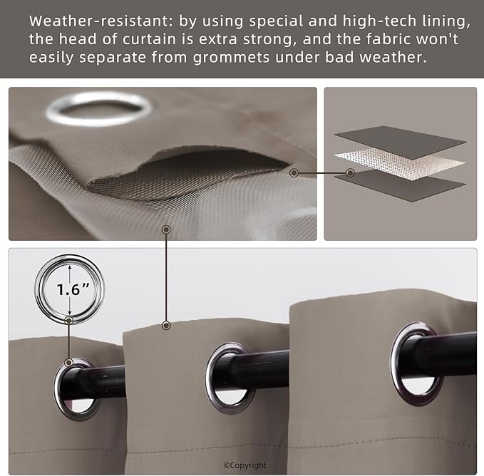 Water Proof Outside Curtains with Grommet Top for Porch, W52 x L120 Thermal I...