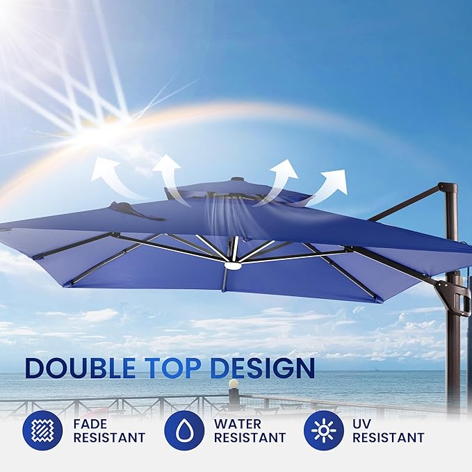 10 X 13 FT Cantilever Patio Umbrella with LED Lights Outdoor Heavy Duty Doubl...