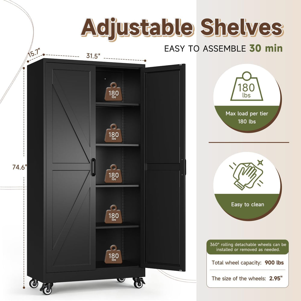Letaya 75" Metal Garage Storage Cabinet with Wheels,Black Kitchen Pantry