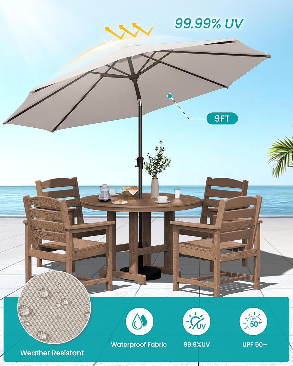 SERWALL 6-Pc Dining Set, 45" Table, 4 Chairs&9FT Umbrella, Brown (No...