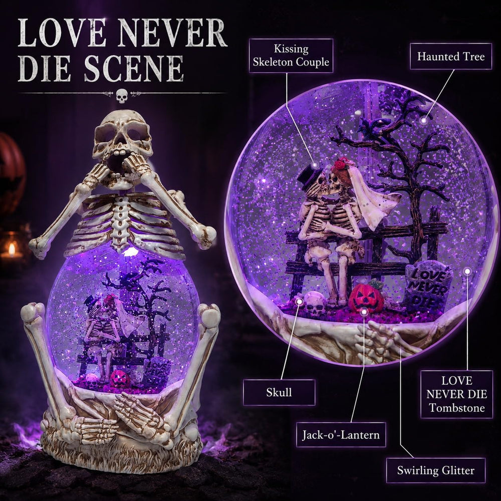 Halloween Skeleton Couple Snow Globe Lantern, Lighted Water Glitter Halloween...