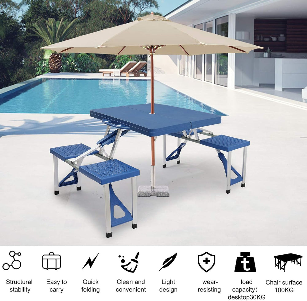 4FT Portable Folding Camping Picnic Table with Seats Chairs and Umbrella Hole...