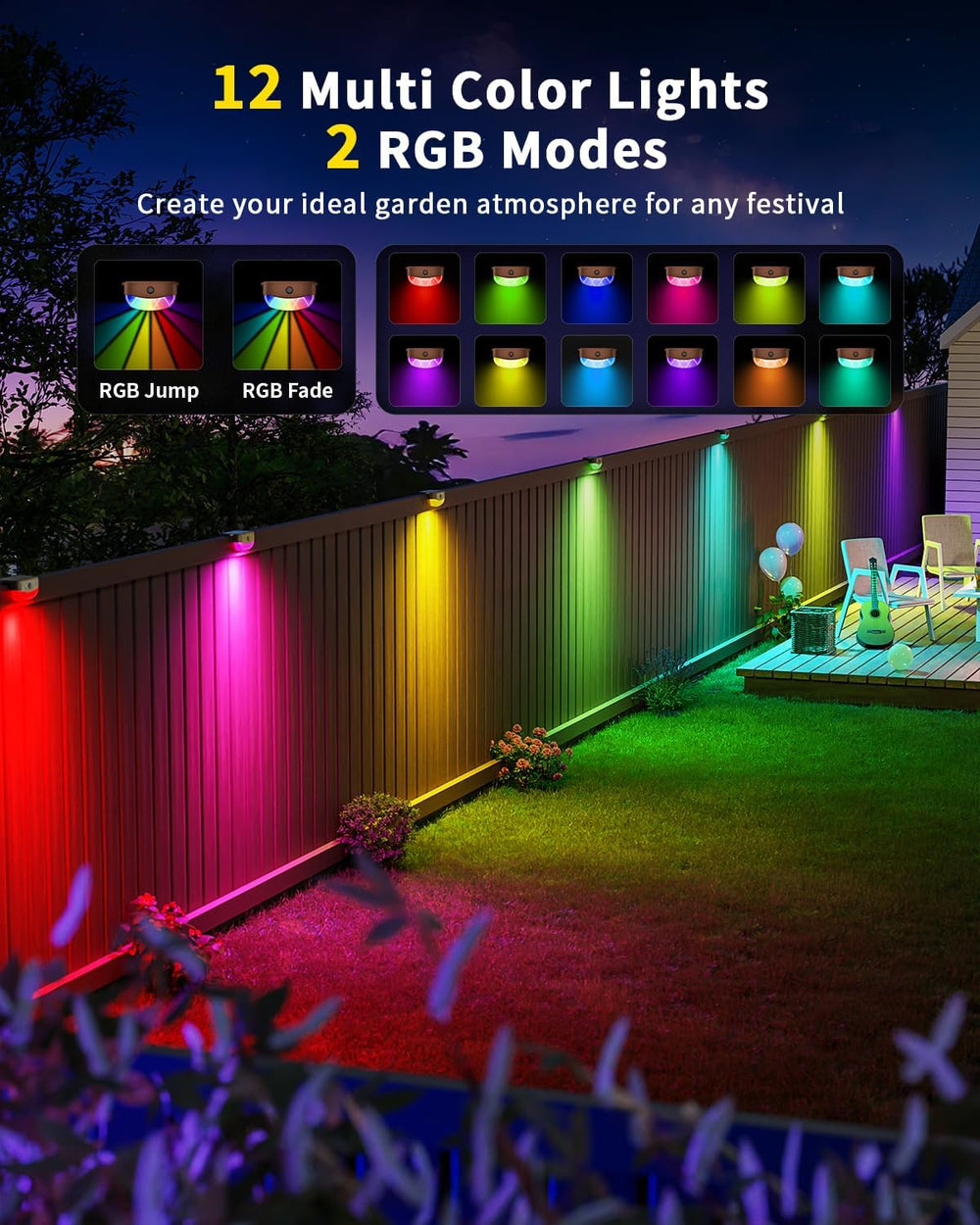 12 Pack Color Changing Solar Fence Lights with Remote, Solar Deck Lights
