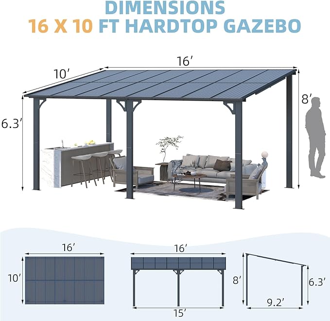 AECOJOY 16' x 10' Gazebo Outdoor Pergola, 10x16 Large Wall-Mounted Ha...