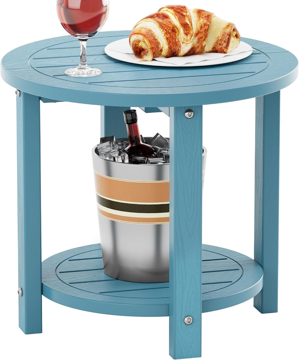 YEFU Adirondack Side Table, 16in Round, 2-Tier Storage End Table, Blue