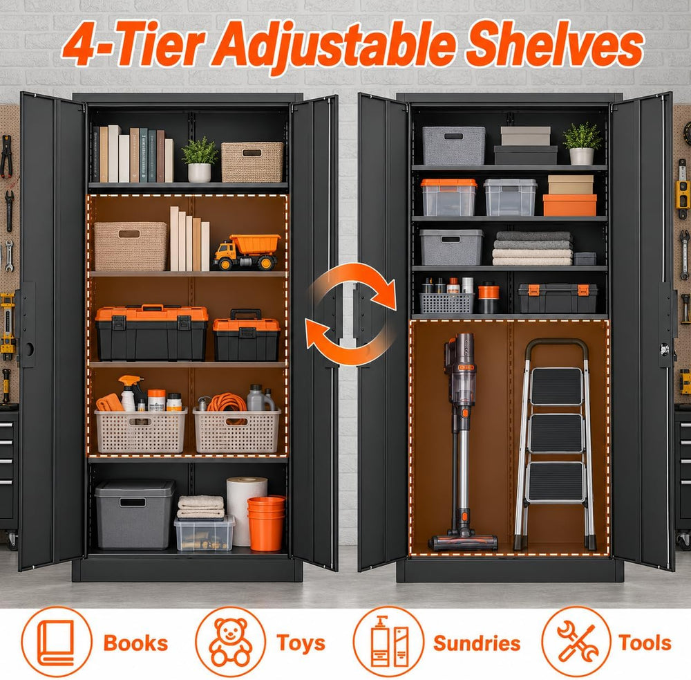 Metal Garage Storage Cabinet with 2 Lockable Doors and 4 Adjustable Shelves, ...