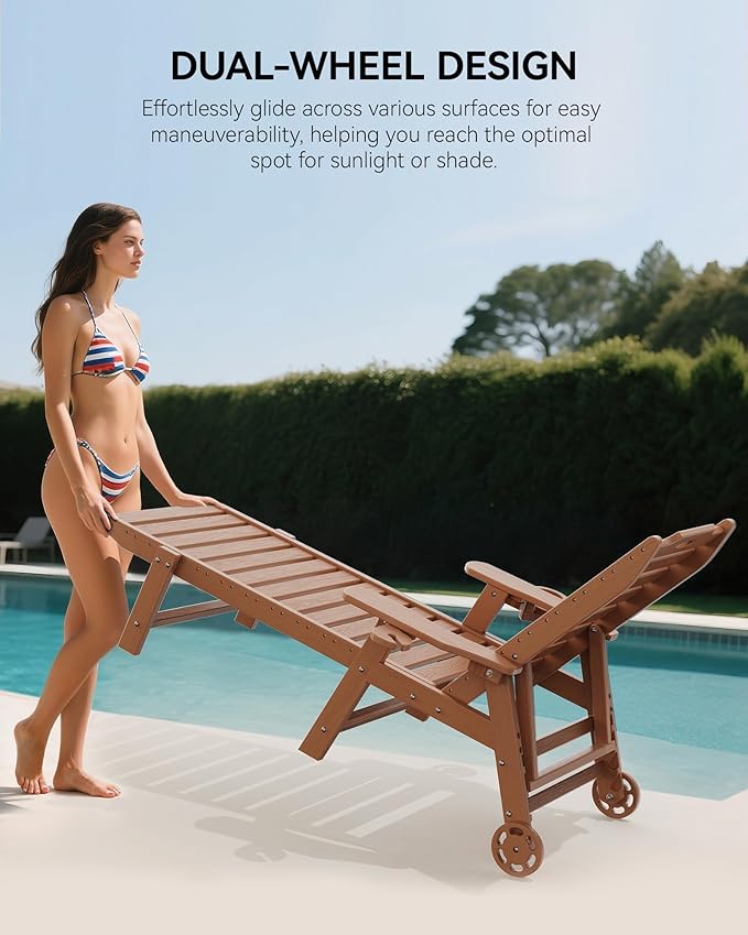 Carauci Lounge Chair Outdoor Set of 4, HDPE Chaise Lounge with Wheels, 5-Posi...