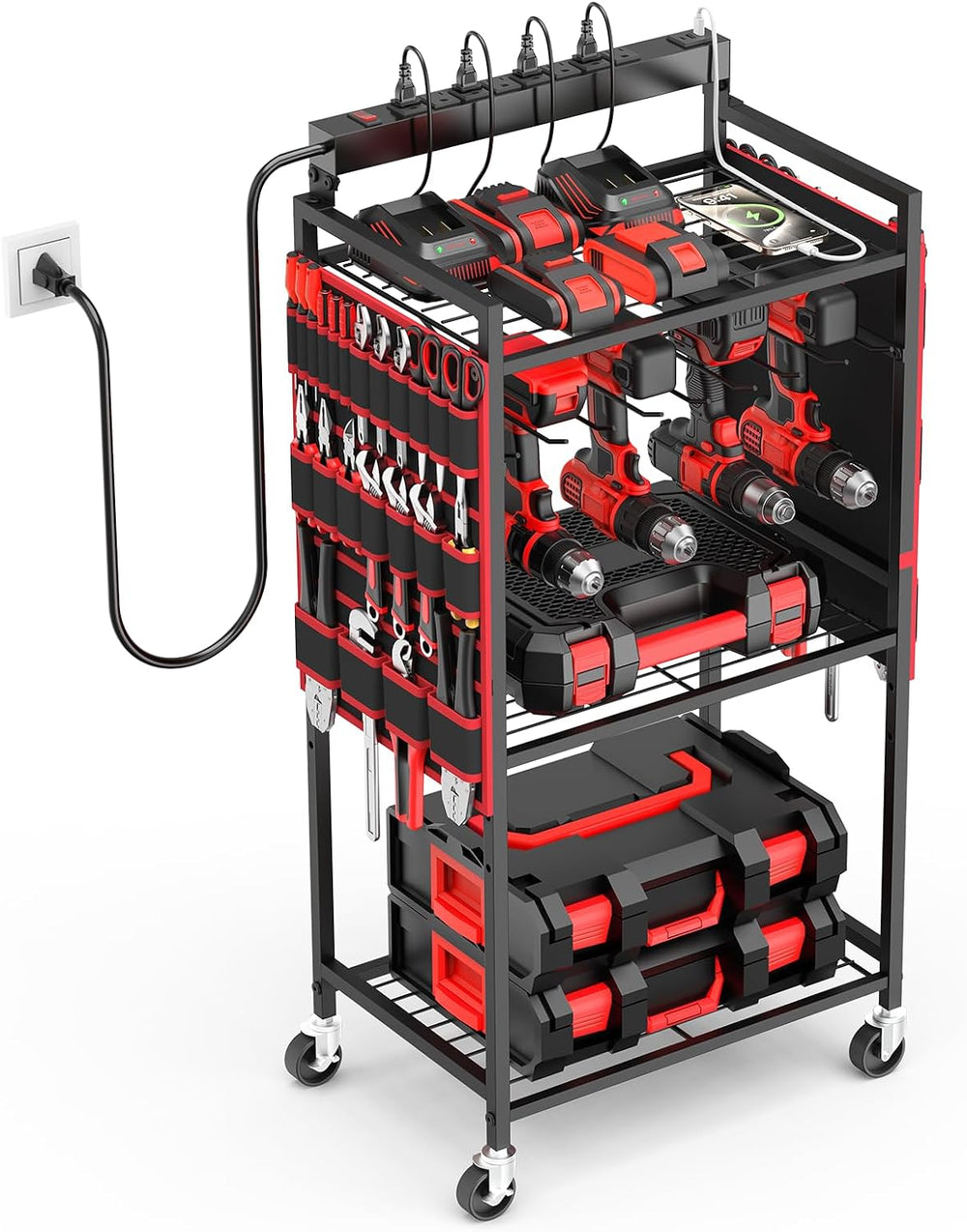 JUNNUJ Power Tool Charging Organizer Cart, 8 Outlet 3 USB, 6 FT Cord, Red