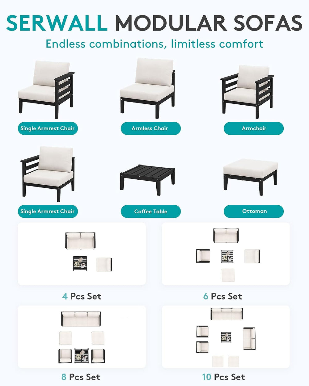SERWALL HDPE Patio Furniture Set, 6 Pieces Outdoor Sectional Sofa Set