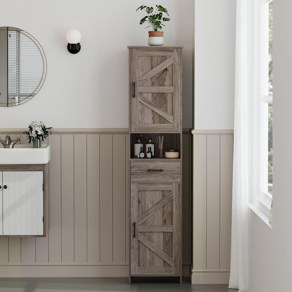 67" H Tall Bathroom Storage Cabinet with Barn Doors and Drawer