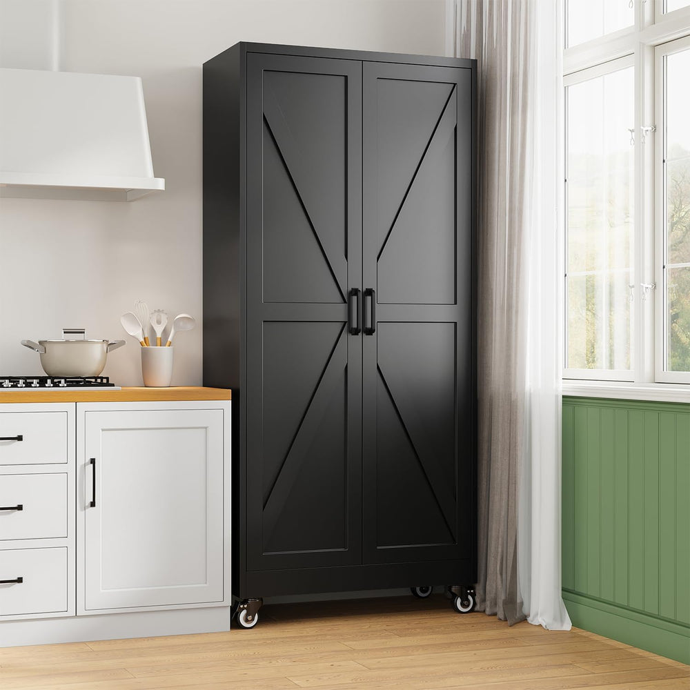 Letaya 75" Metal Garage Storage Cabinet with Wheels,Black Kitchen Pantry