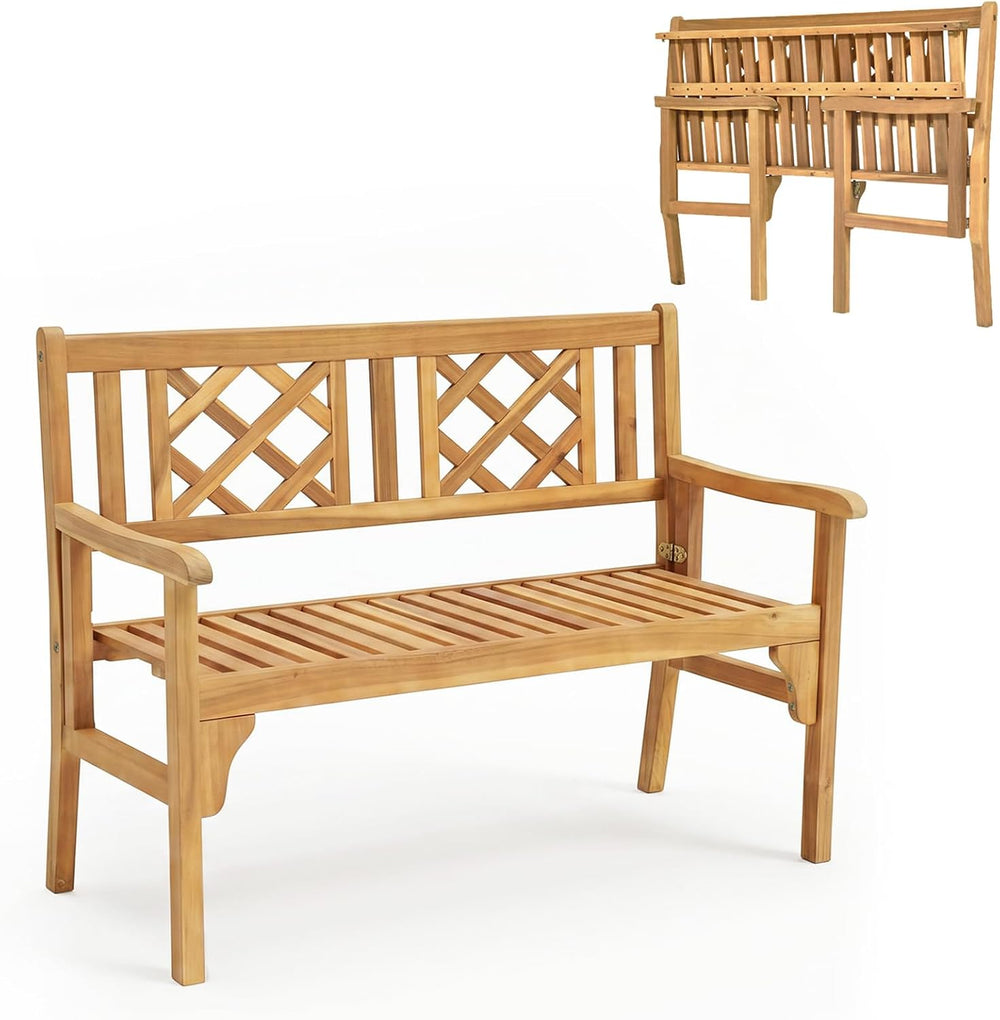 HAPPYGRILL Outdoor Patio Bench Acacia Wood Garden Bench with Backrest and Arm...