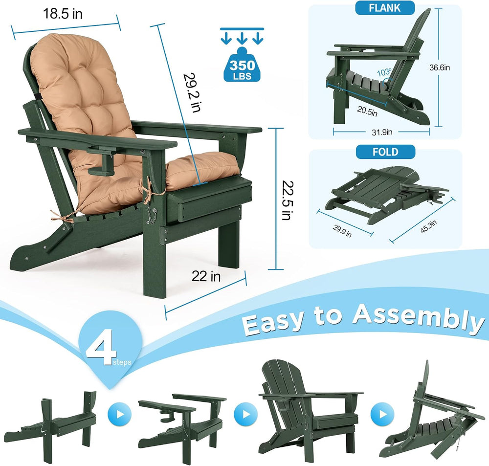nalone Folding Adirondack Chairs Set of 2 with Cushion with Cup Holder, HDPE ...