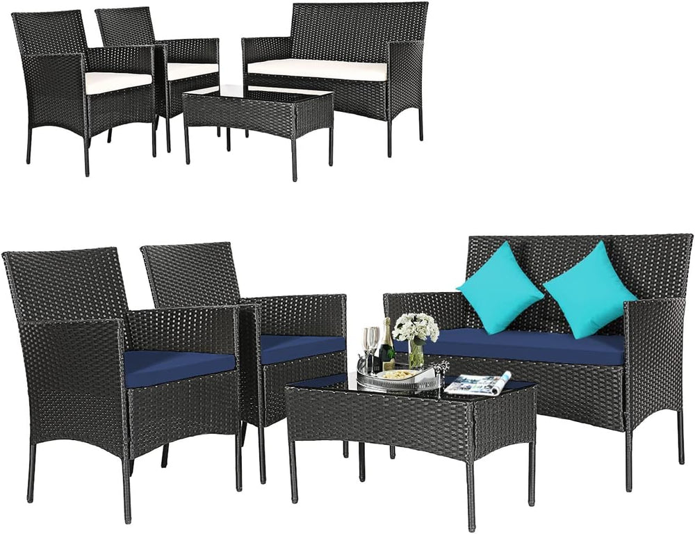 Tangkula 4 Pieces Patio Furniture Set, Outdoor Wicker Conversation Set with T...