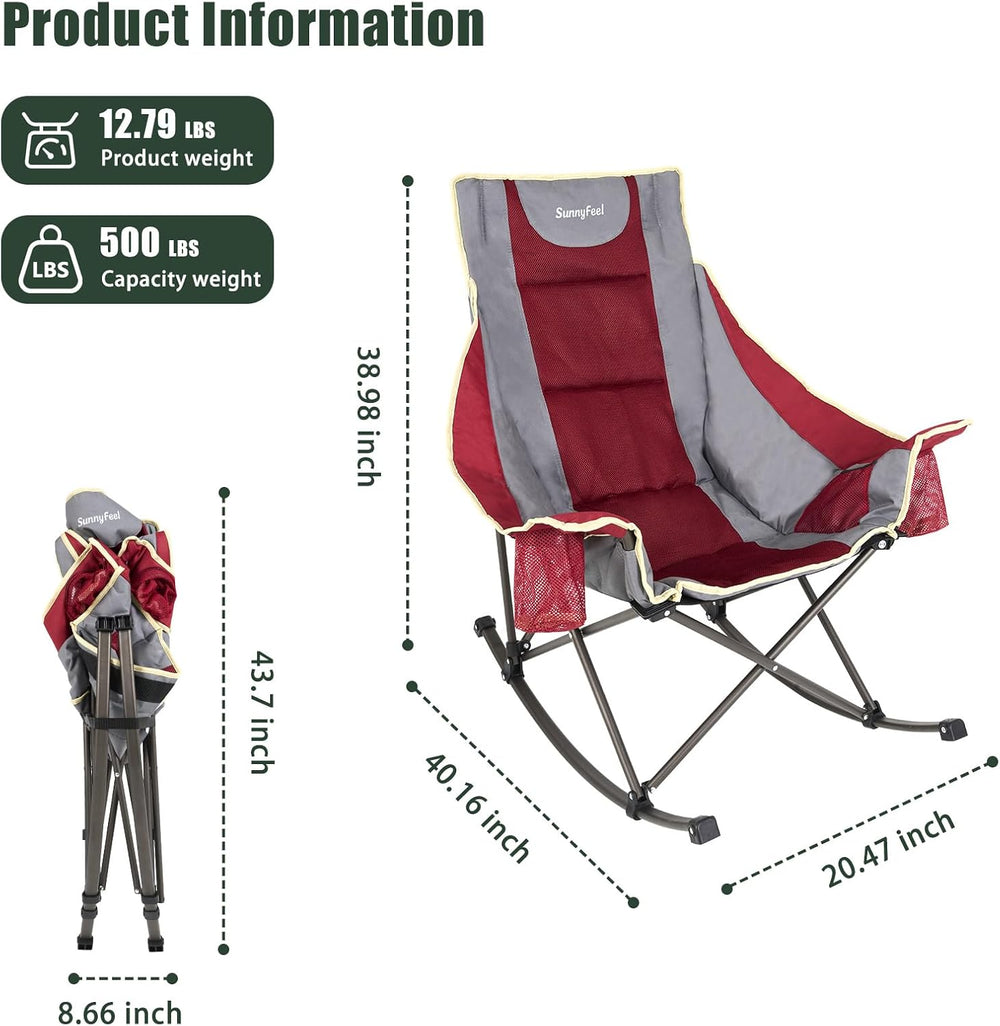 SUNNYFEEL Oversized Folding Rocking Camping Chair for Adults, 500lbs Red