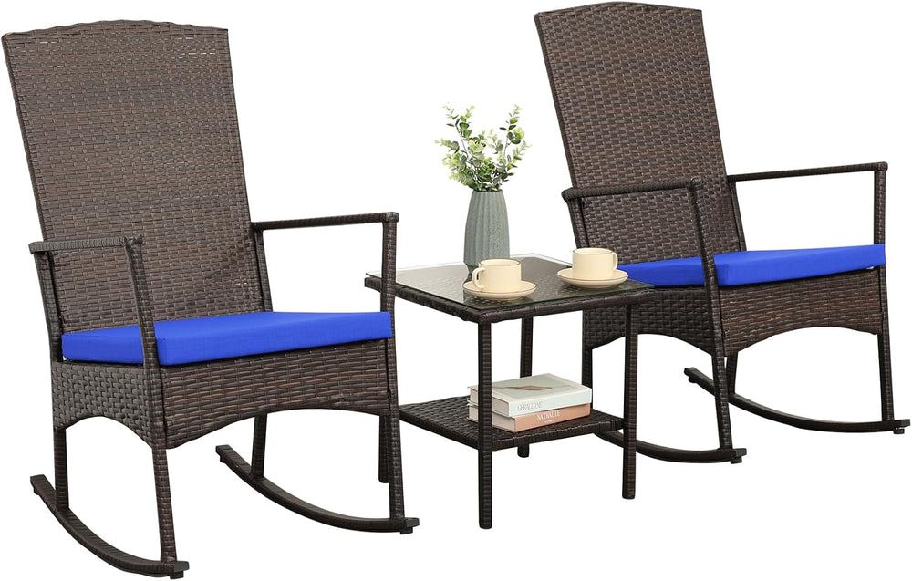 Outdoor Wicker Rocking Chair 3 Piece Porch Chairs Patio Bistro Set PE Rattan ...