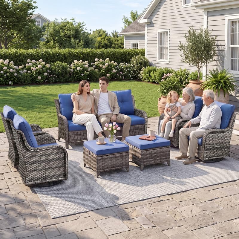 8 Piece Outdoor Wicker Conversation Set Furniture with Swivel Chairs, Blue